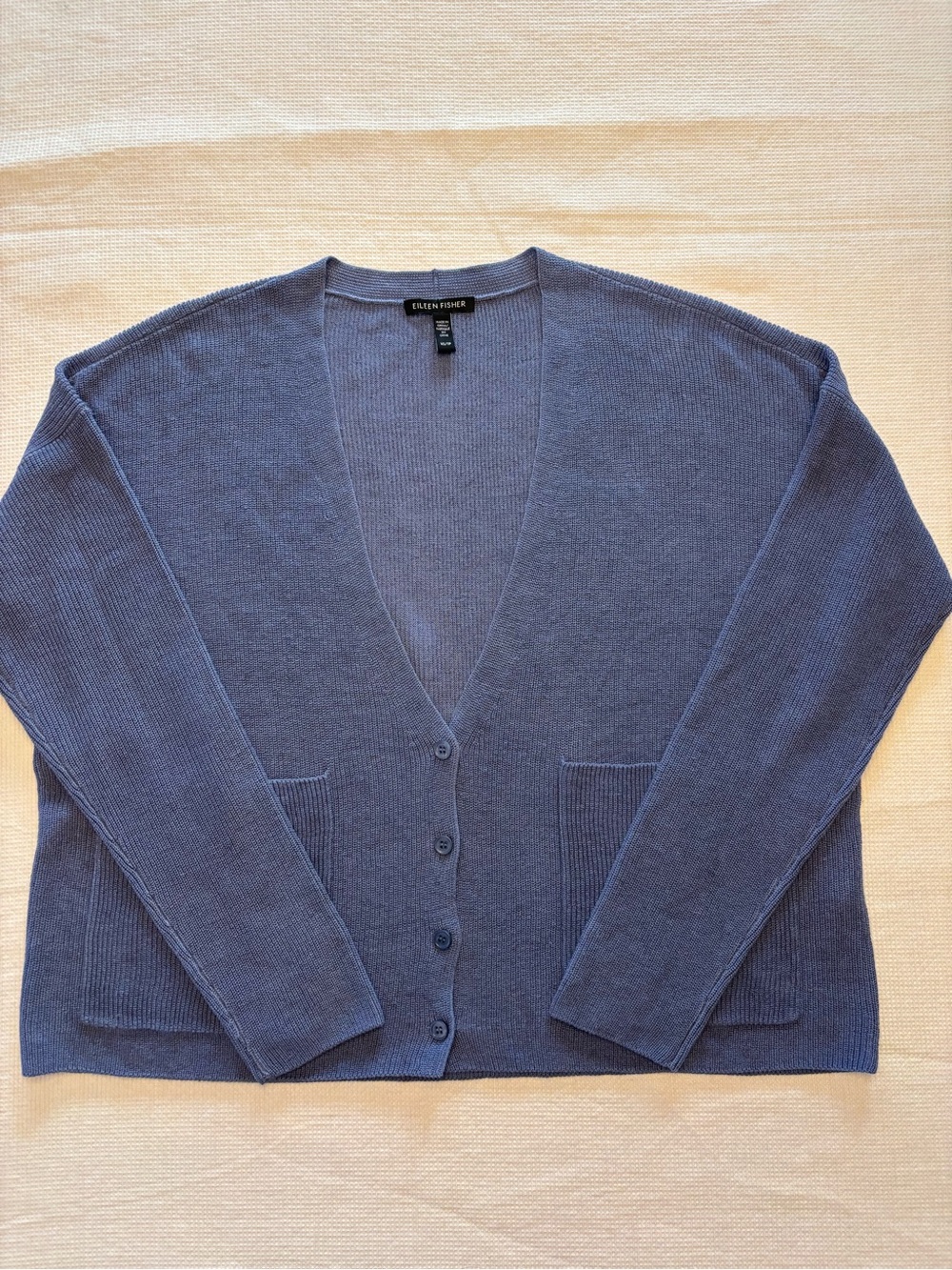 Eileen Fisher organic cotton/linen Blue V-Neck Button Front pocket Cardigan